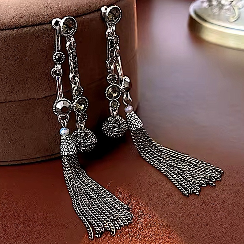 COPY - Antique Silver Rhinestone Earring Round Ball Long Fringe Tassel Earrings… - Picture 2 of 12